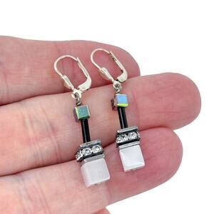 Estate Sterling Silver 925 Geometric Crystal Leverback Earrings